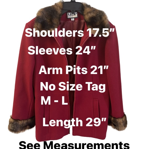 Vintage MDP - Red Wool Coat Faux Fur Zip Collared Lined Waist Length - Sz Large - Picture 4 of 13